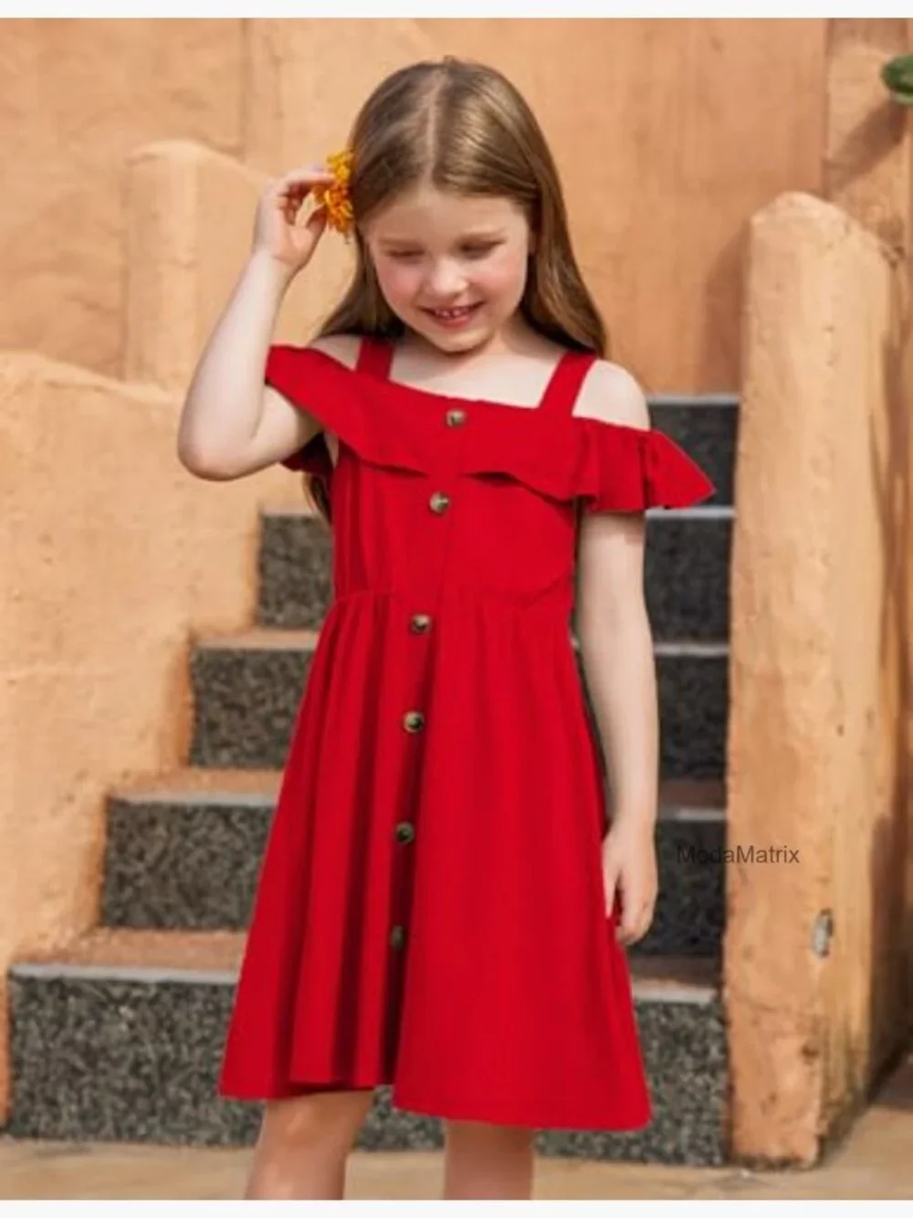 Girls Spaghetti Strap Cold Shoulder Ruffle Button Down A-Line Midi Dress